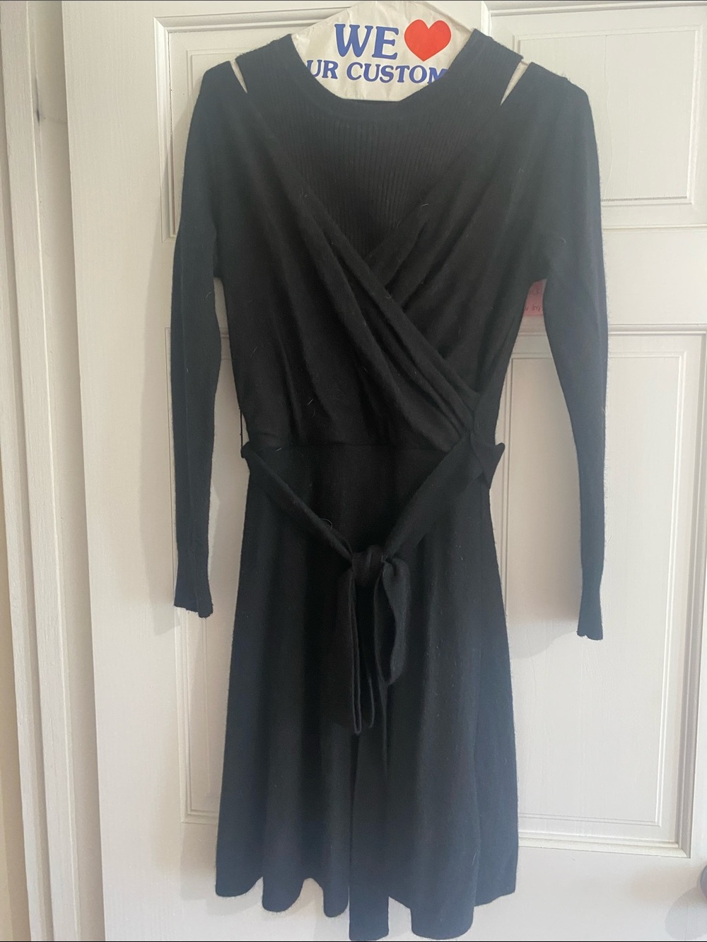 Black Long-Sleeve Wrap Knit Dress with Self-Tie Waist